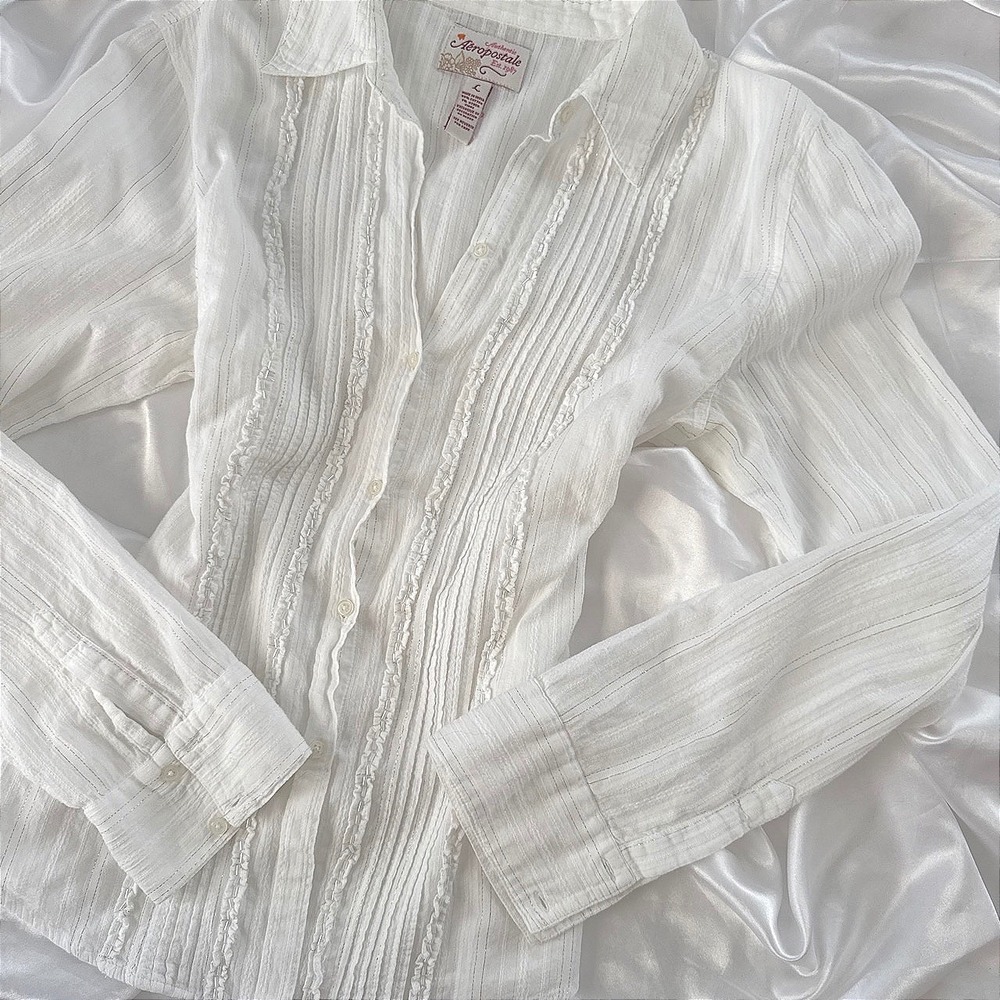 Aeropostale White Pintuck Ruffle Beaded Metallic Pinstripe Button Down Shirt L